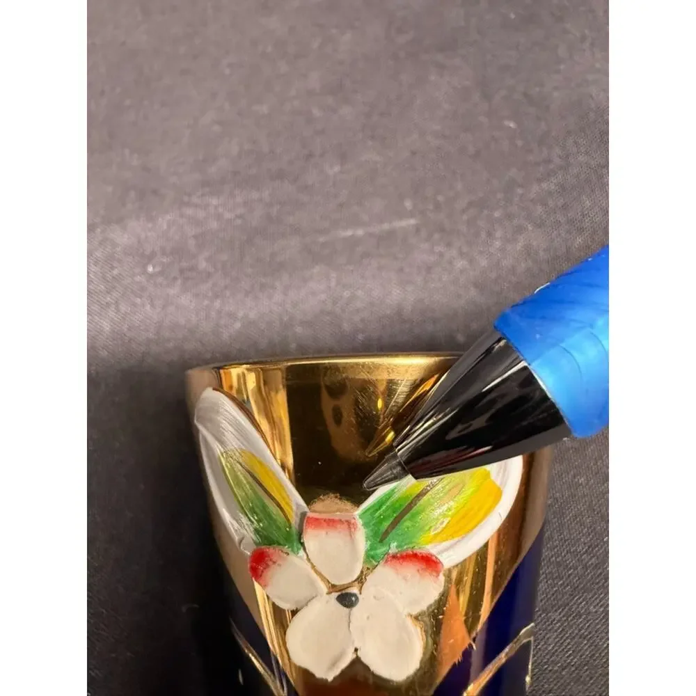 Cobalt Blue & Gold Bohemian Style Decanter (5) Shot Glasses Hand Painted Flowers
